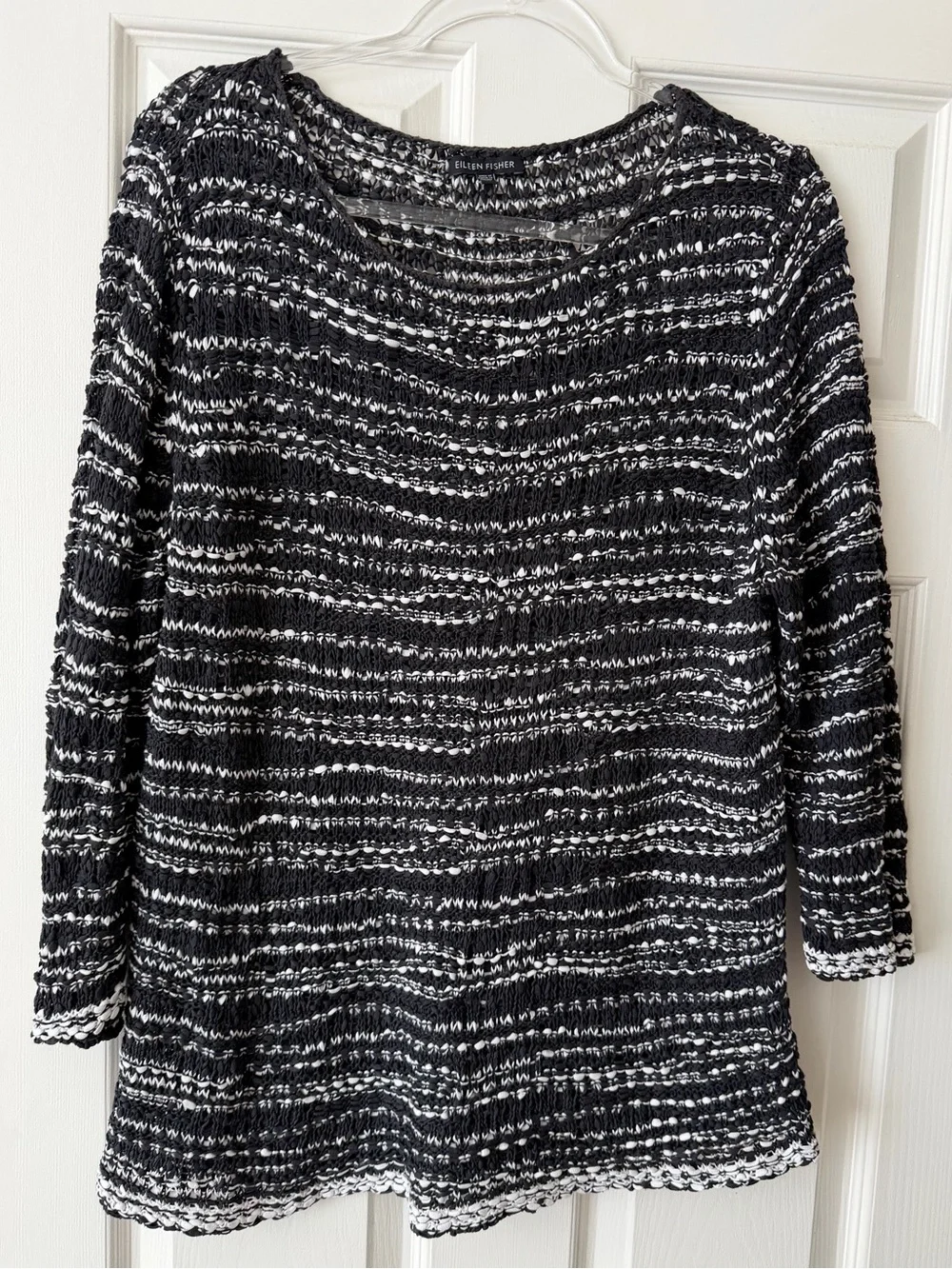 Eileen Fisher L Black White Cotton Knit Top Italian Yarn - Picture 2 of 6